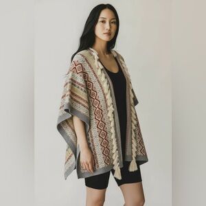 CAbi Boho Aztec Knit Poncho Cardigan Fringe Open Front